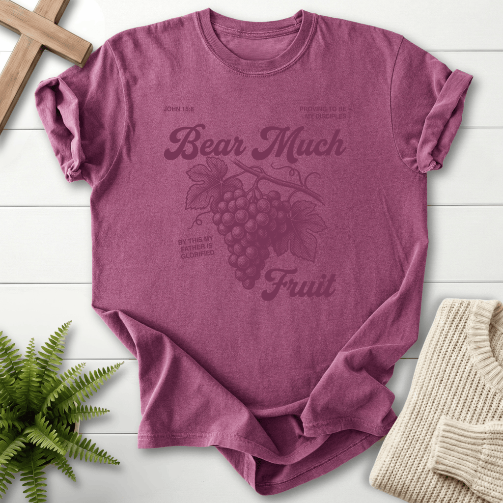 Berry Christian t-shirt for women with a vintage grape cluster illustration and 'Bear Much Fruit', inspired by John 15:9.