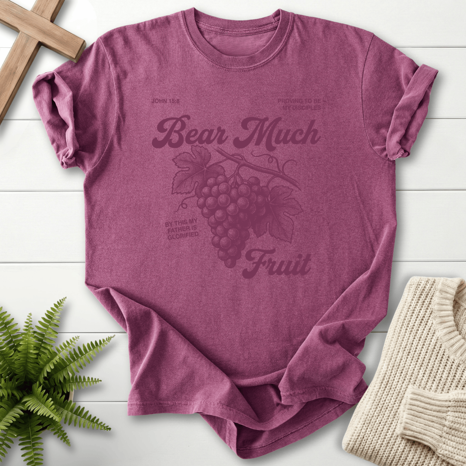 Berry Christian t-shirt for women with a vintage grape cluster illustration and 'Bear Much Fruit', inspired by John 15:9.