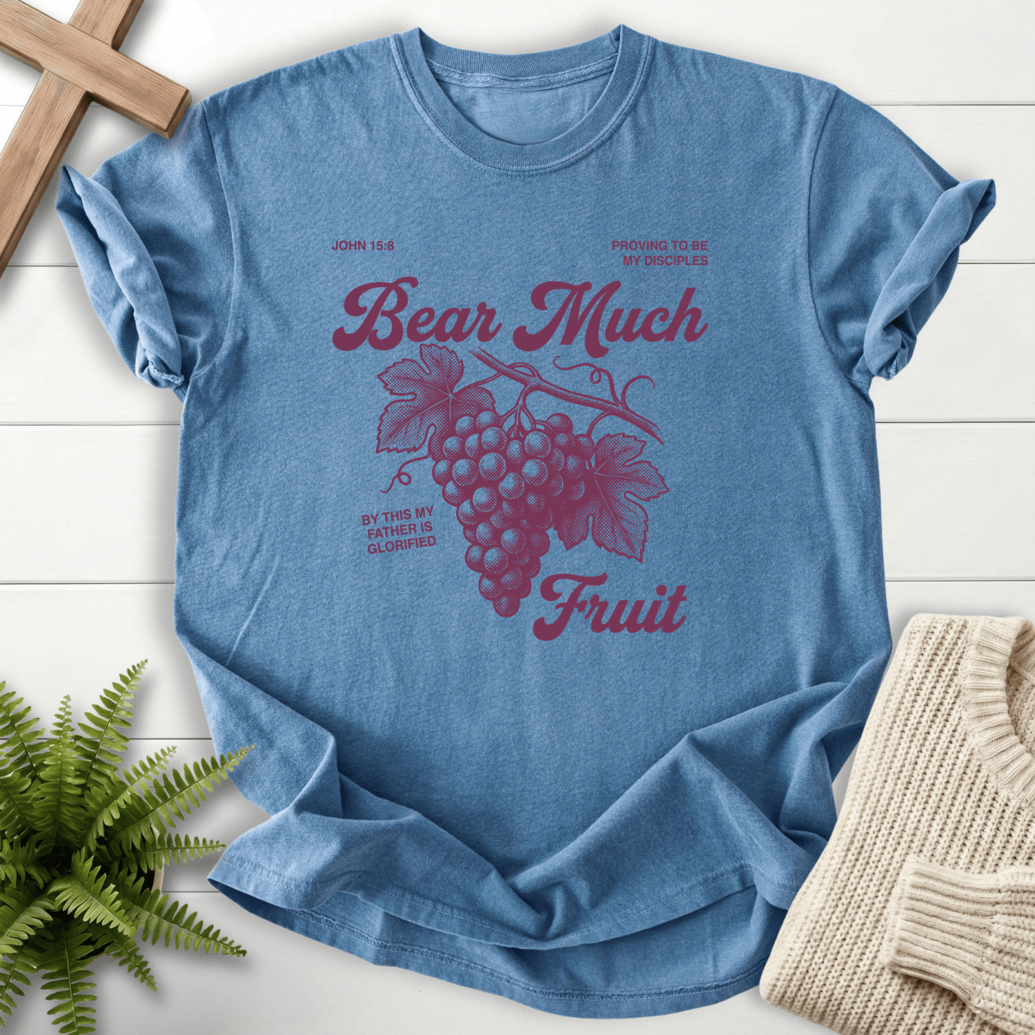 Blue Jean Christian t-shirt for women with a vintage grape illustration and 'Bear Much Fruit', inspired by John 15:9.