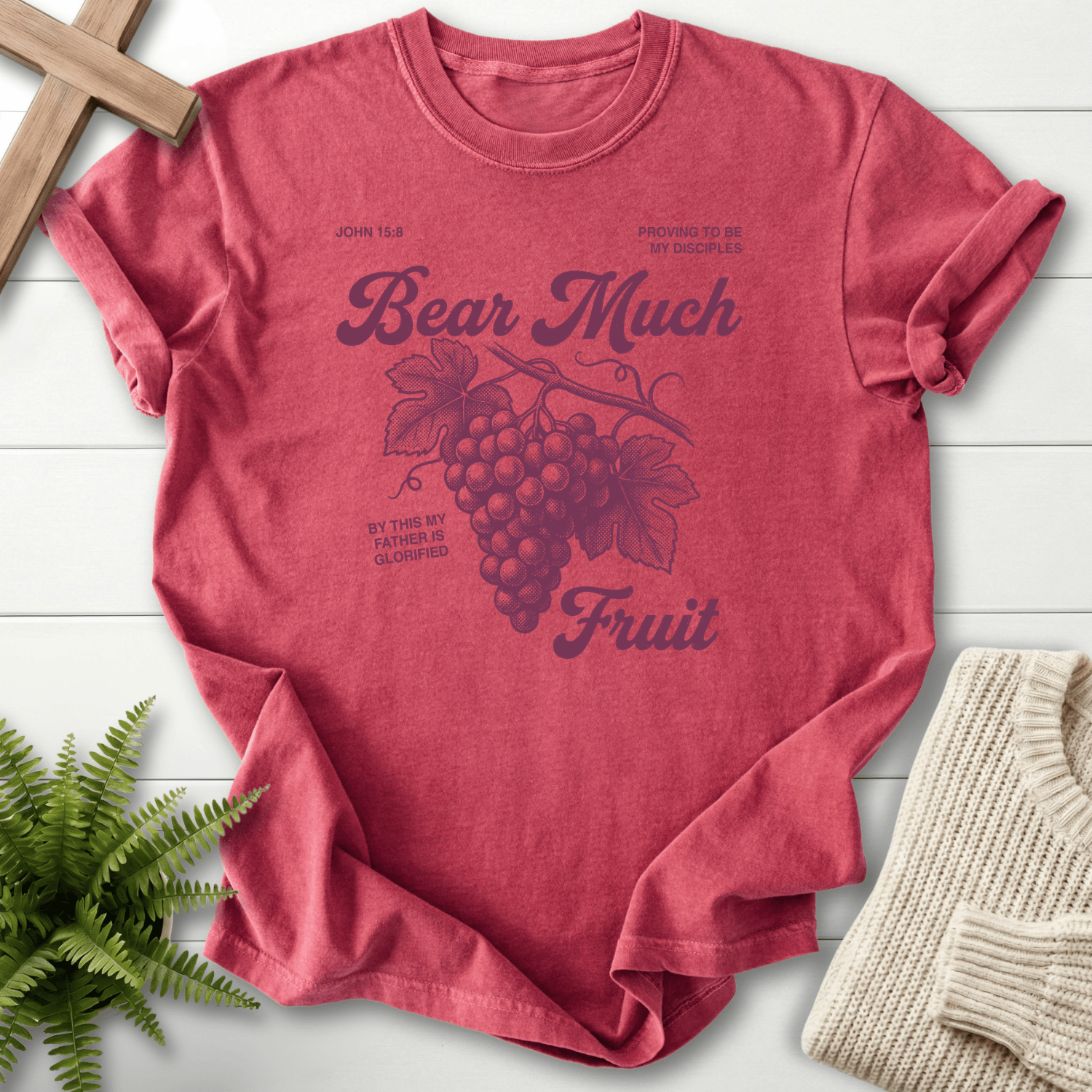 Crimson Christian t-shirt for women with a tonal grape cluster design and 'Bear Much Fruit', inspired by John 15:9.