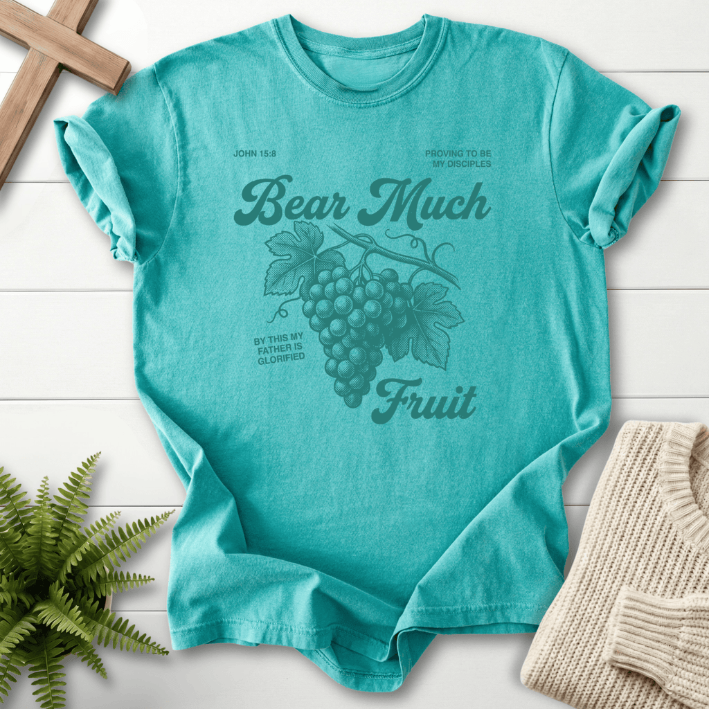 Seafoam Christian t-shirt for women with a grape vine design and 'By This My Father Is Glorified'.
