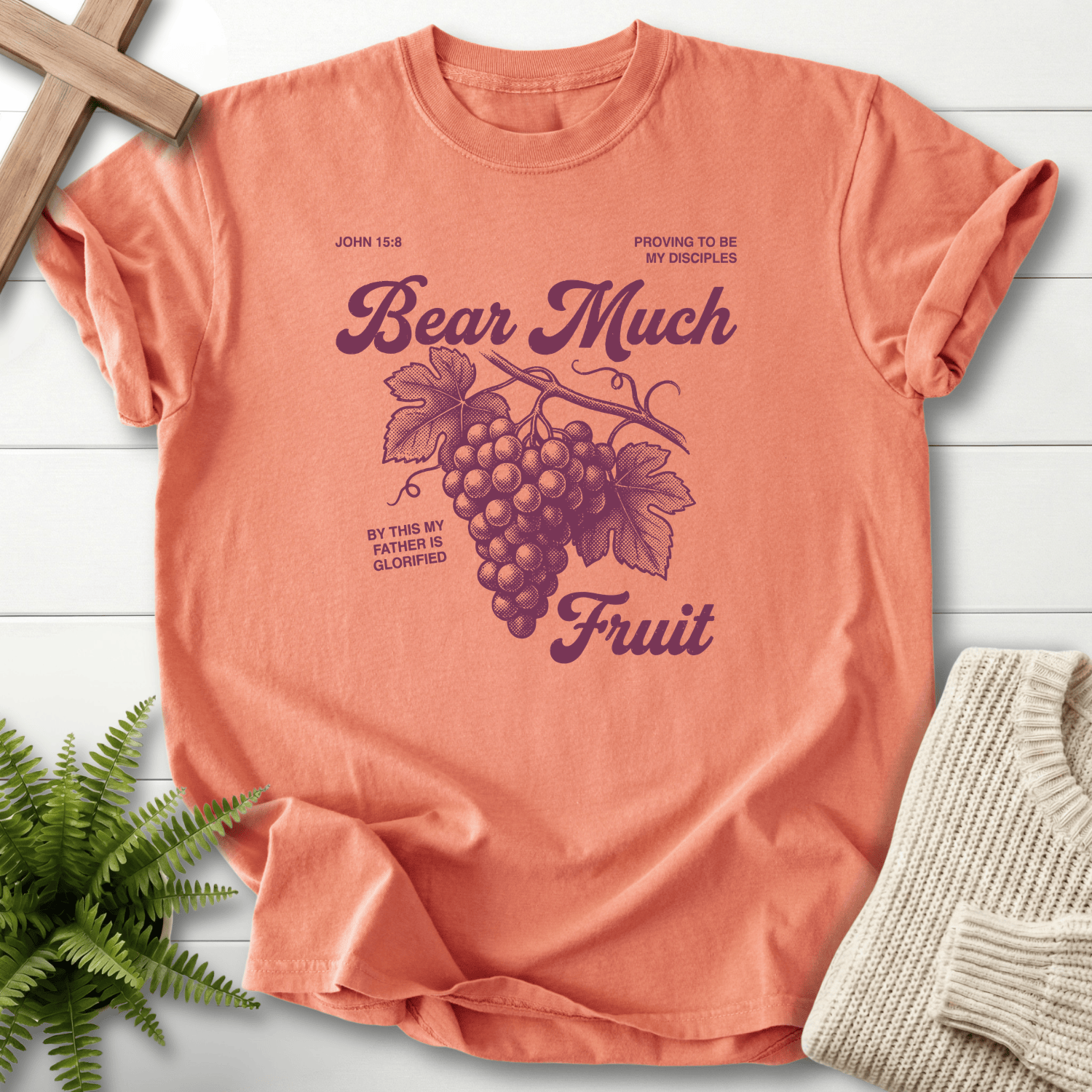 Terracotta Christian t-shirt for women with a vintage grape vine and 'Proving to Be My Disciples'.