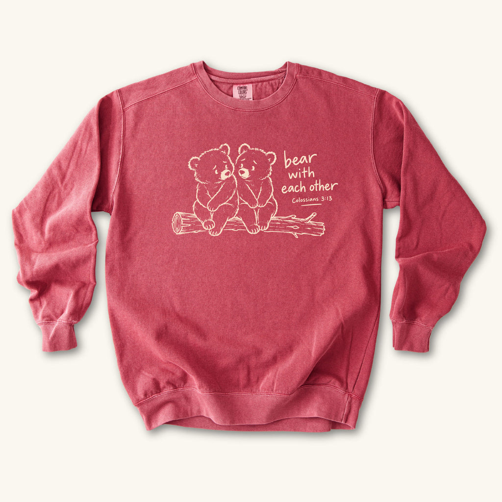 Crimson Bear with Each Other sweatshirt flat lay mockup, Colossians 3:13 Christian apparel for women