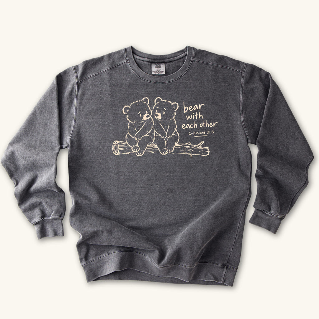 Pepper Bear with Each Other sweatshirt flat lay mockup, Colossians 3:13 Christian apparel for women