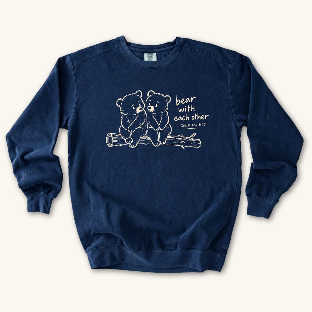 True Navy Bear with Each Other sweatshirt flat lay mockup, Colossians 3:13 Christian apparel for women