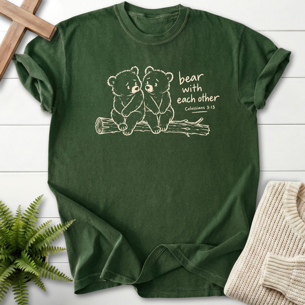 Hemp Bear with Each Other T-shirt flat lay mockup, Colossians 3:13 Christian apparel for women
