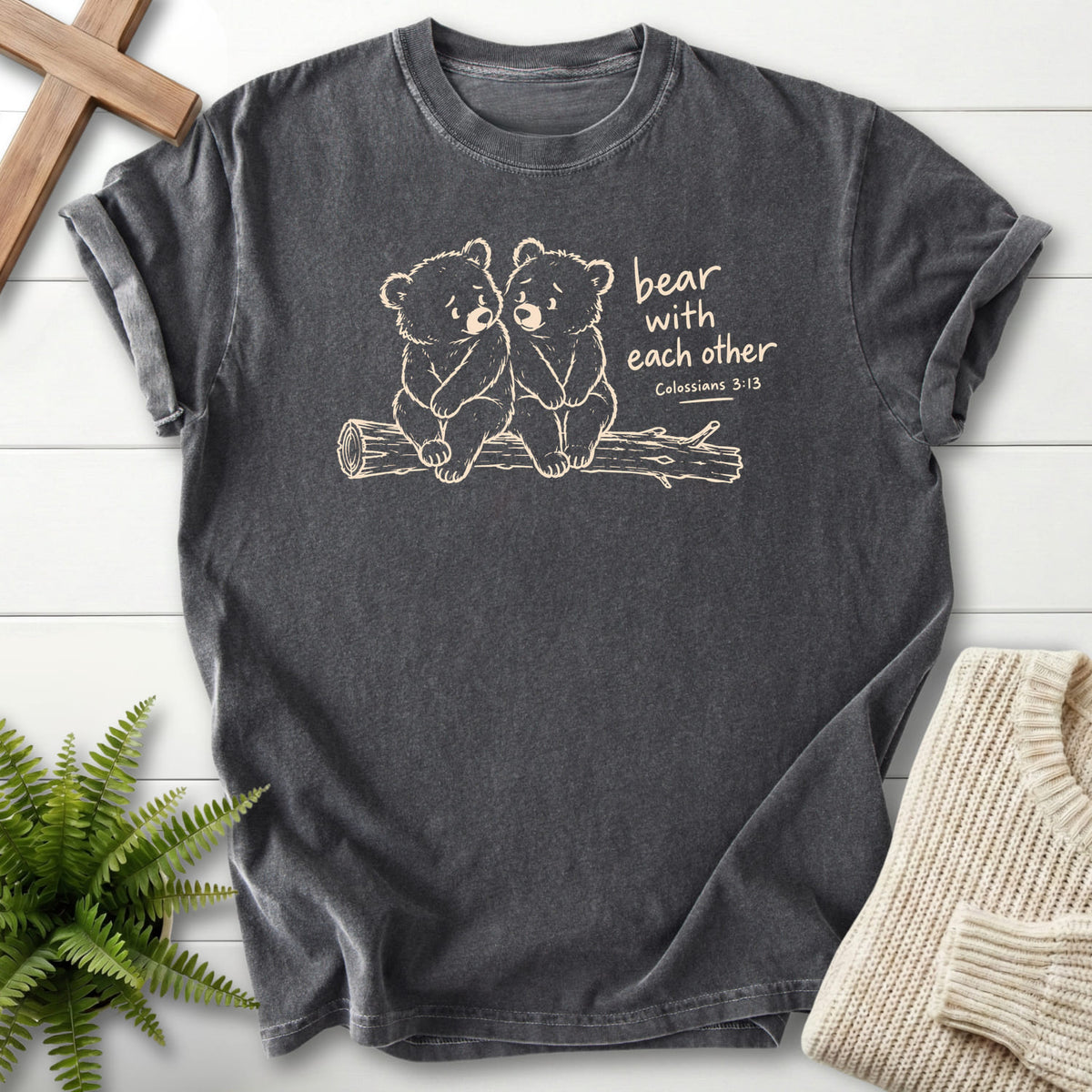 Pepper Bear with Each Other T-shirt flat lay mockup, Colossians 3:13 Christian apparel for women