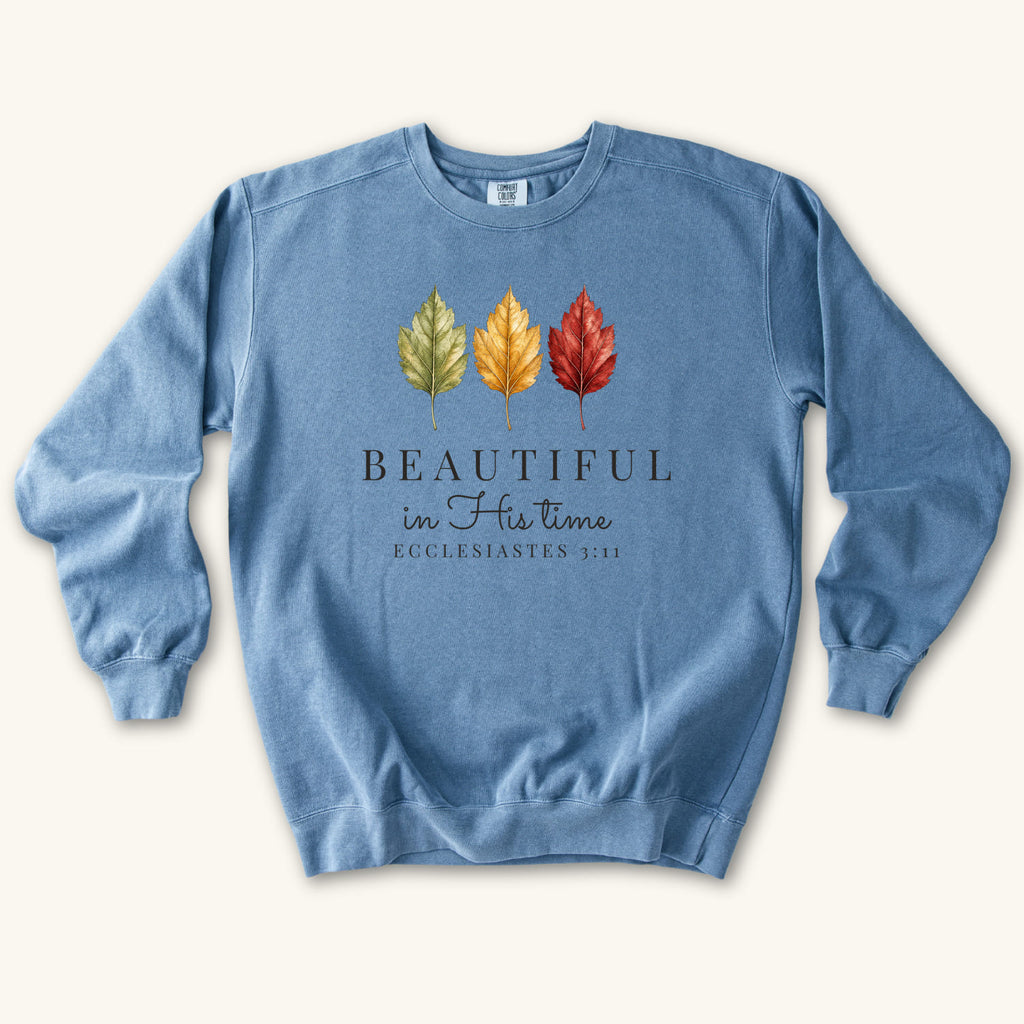 Blue Jean Beautiful in His Time sweatshirt flat lay mockup, Ecclesiastes 3:11 Christian apparel for women