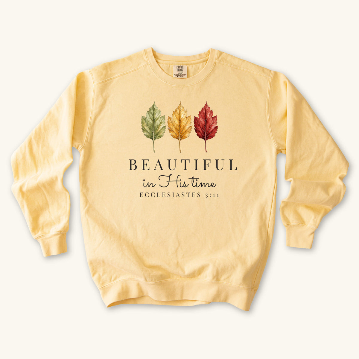 Butter Beautiful in His Time sweatshirt flat lay mockup, Ecclesiastes 3:11 Christian apparel for women