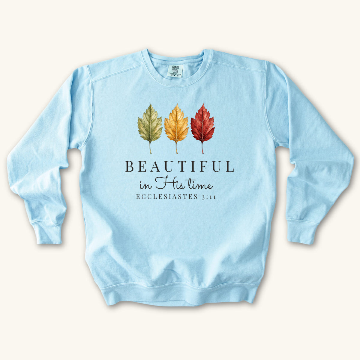 Chambray Beautiful in His Time sweatshirt flat lay mockup, Ecclesiastes 3:11 Christian apparel for women