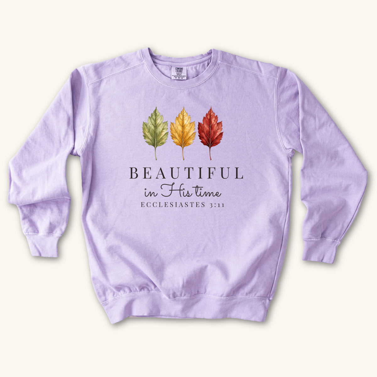 Orchid Beautiful in His Time sweatshirt flat lay mockup, Ecclesiastes 3:11 Christian apparel for women