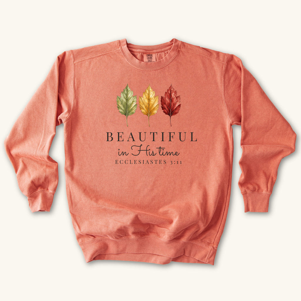 Terracotta Beautiful in His Time sweatshirt flat lay mockup, Ecclesiastes 3:11 Christian apparel for women