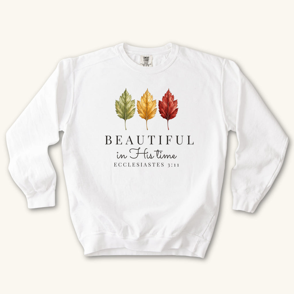 White Beautiful in His Time sweatshirt flat lay mockup, Ecclesiastes 3:11 Christian apparel for women