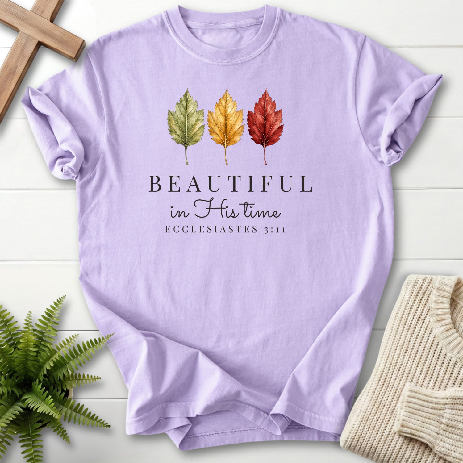Orchid color option for the Beautiful in His Time Faith Scripture shirt with "Beautiful in His Time T-Shirt" Ecclesiastes 3:11.