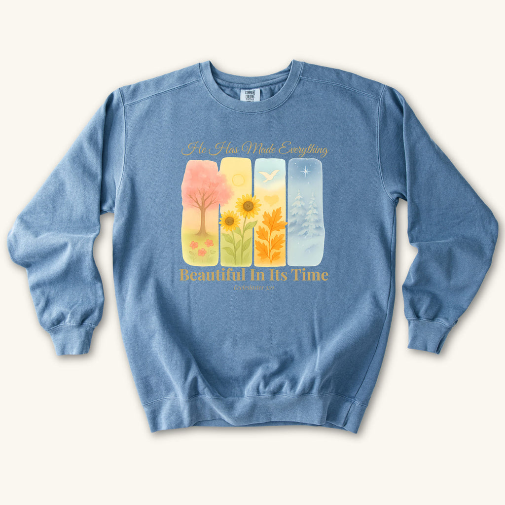 Blue Jean Beautiful In Its Time sweatshirt flat lay mockup, Ecclesiastes 3:11 Christian apparel for women