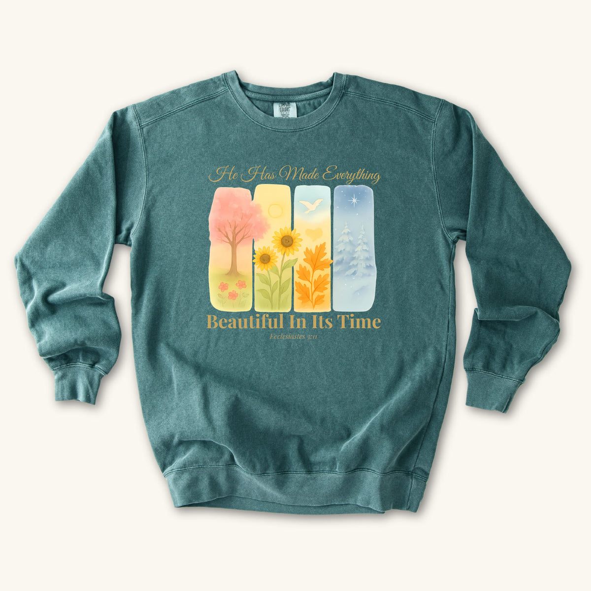 Blue Spruce Beautiful In Its Time sweatshirt flat lay mockup, Ecclesiastes 3:11 Christian apparel for women