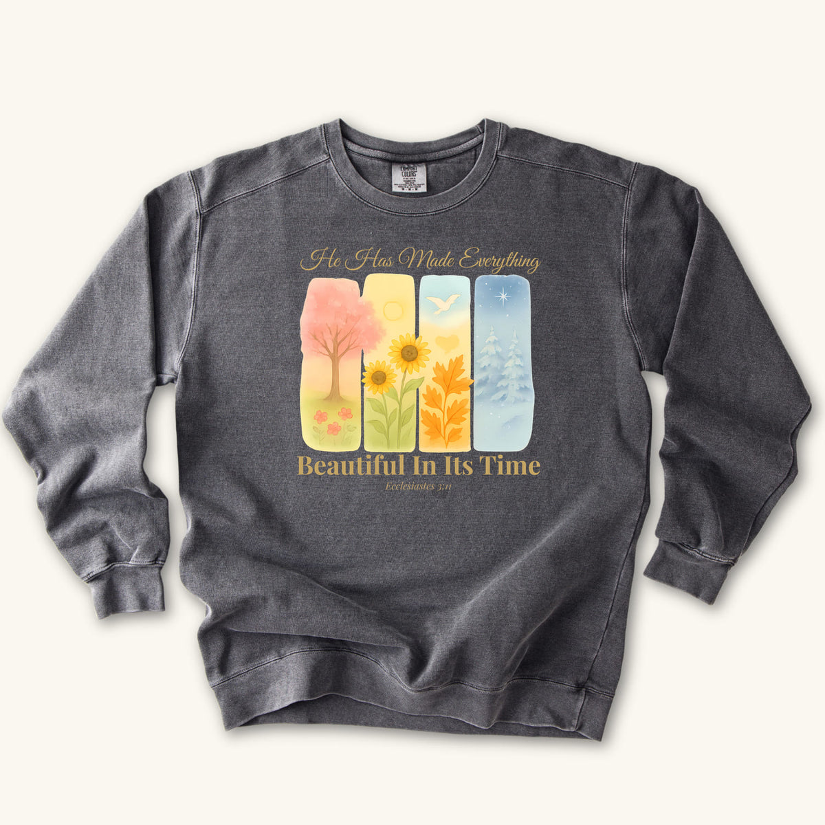 Pepper Beautiful In Its Time sweatshirt flat lay mockup, Ecclesiastes 3:11 Christian apparel for women