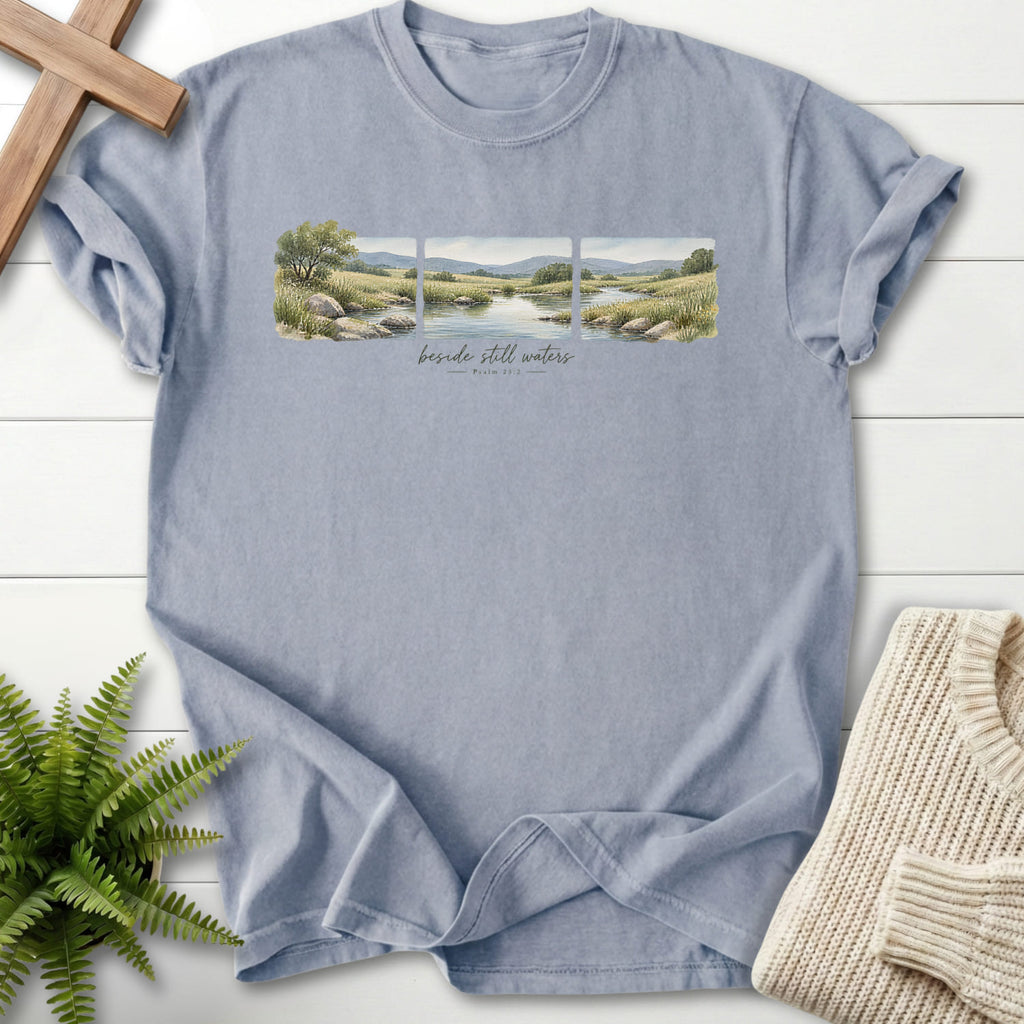 Granite color option for the Beside Still Waters tee with watercolor artwork with "Beside Still Waters T-Shirt" Psalm 23:2 for women's faith apparel.