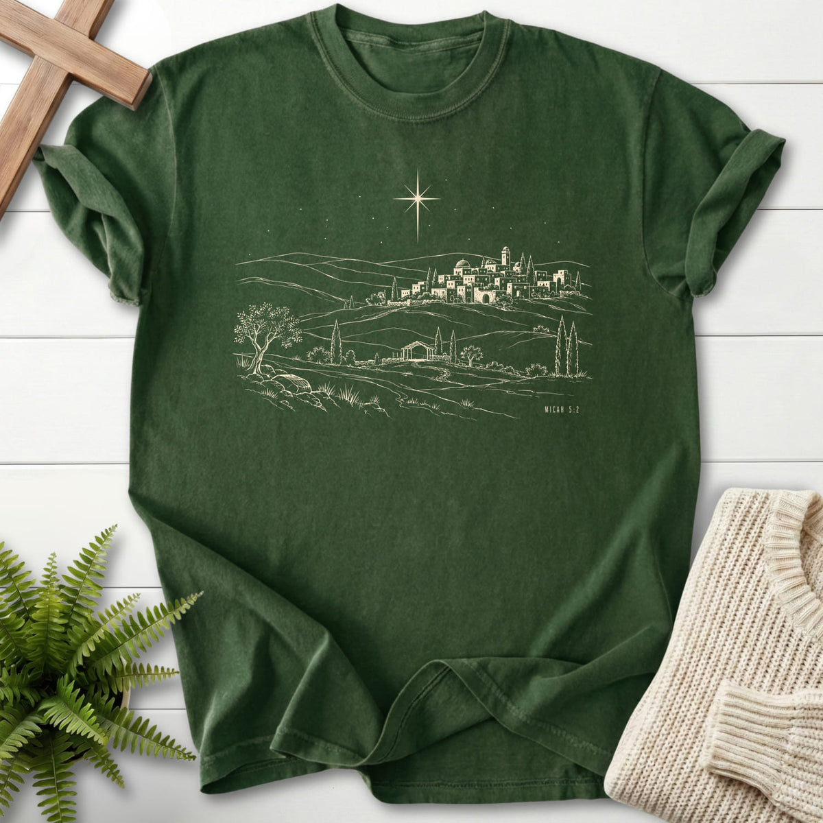 Flatlay of a Hemp faith-inspired shirt with "Bethlehem Star Micah 5:2 T-Shirt" Micah 5:2.
