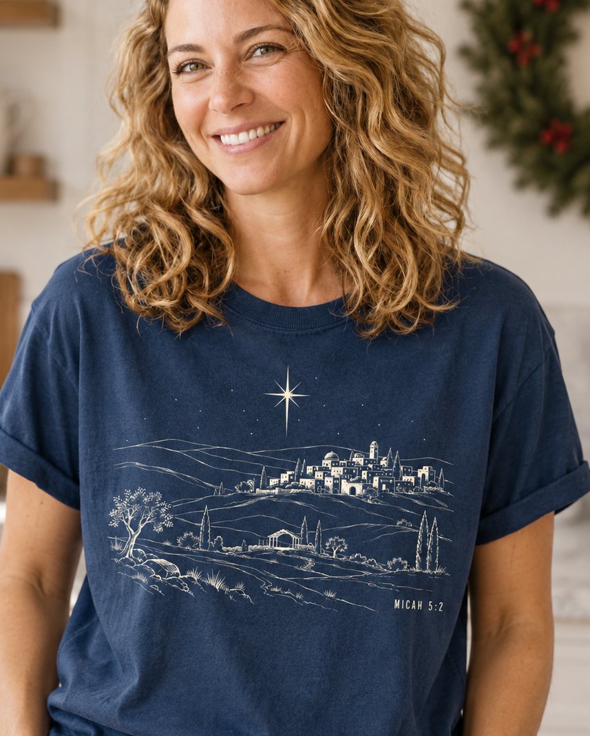 Small Town of Bethlehem Micah 5:2, Navy women's Christian tee, lifestyle photo in cozy holiday setting, Line art of Bethlehem on rolling hills beneath a radiant star, Micah 5:2, She Wears Faith.