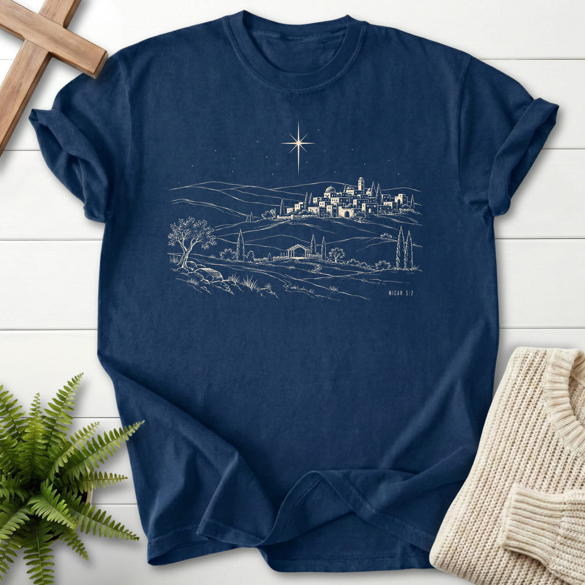 Navy color option for the Small Town Of Bethlehem Micah 5:2 Christian shirt with "Bethlehem Star Micah 5:2 T-Shirt" Micah 5:2.