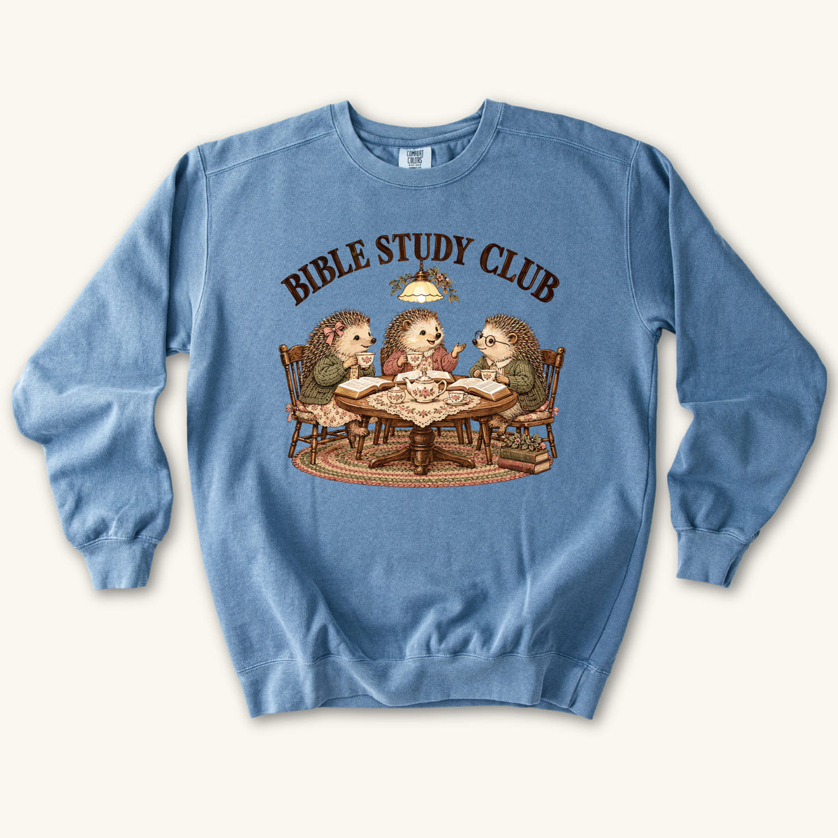 Blue Jean Bible Study Club sweatshirt flat lay mockup, Christian apparel for women