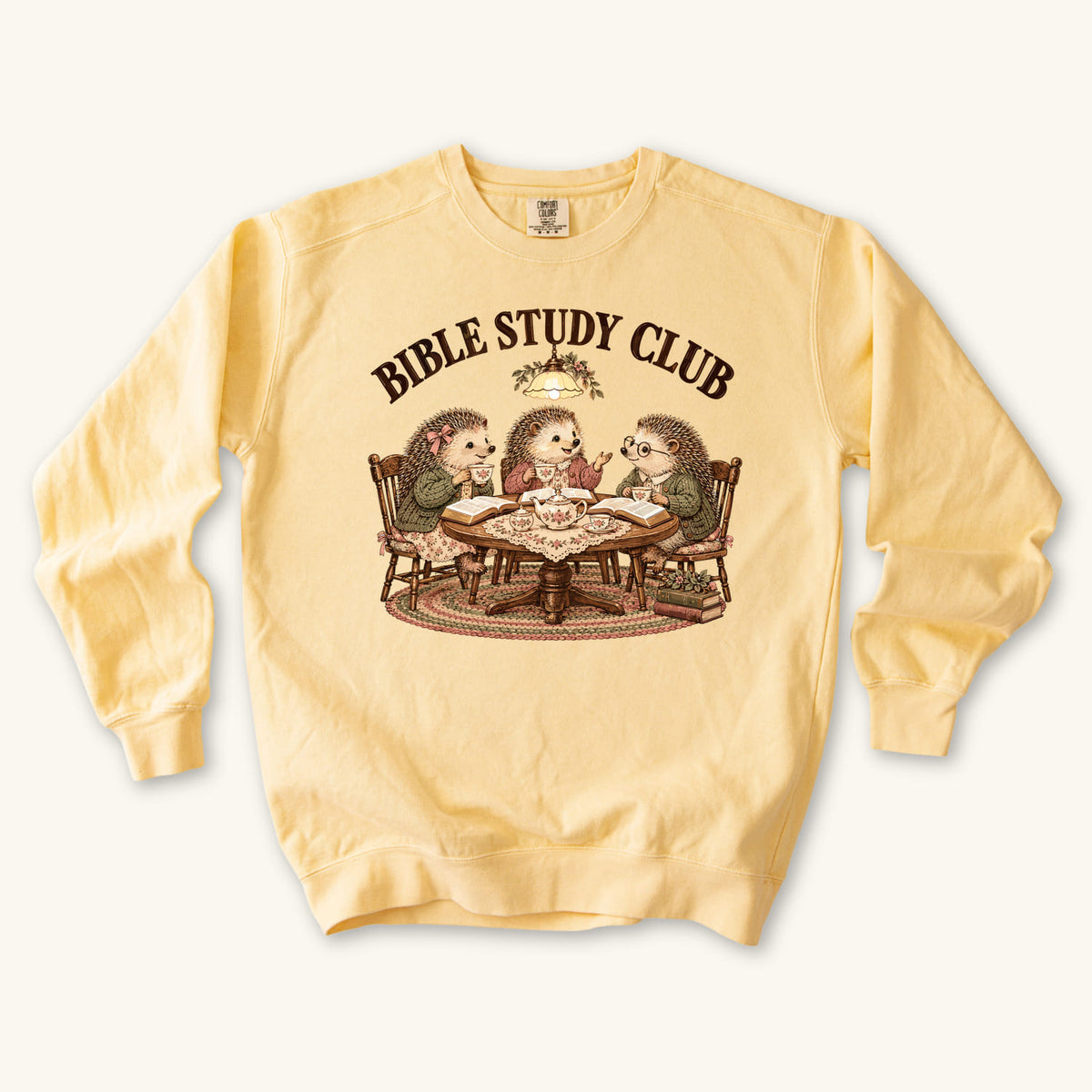 Butter Bible Study Club sweatshirt flat lay mockup, Christian apparel for women