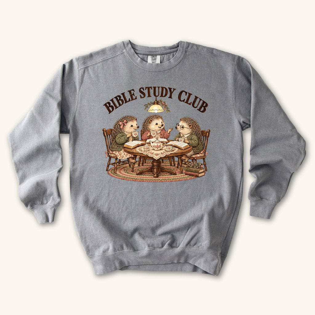 Grey Bible Study Club sweatshirt flat lay mockup, Christian apparel for women