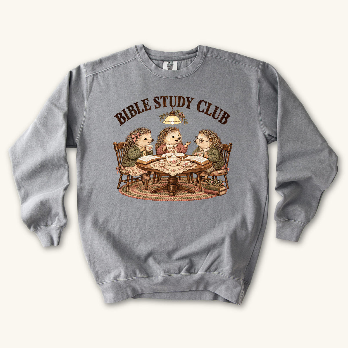 Grey Bible Study Club sweatshirt flat lay mockup, Christian apparel for women