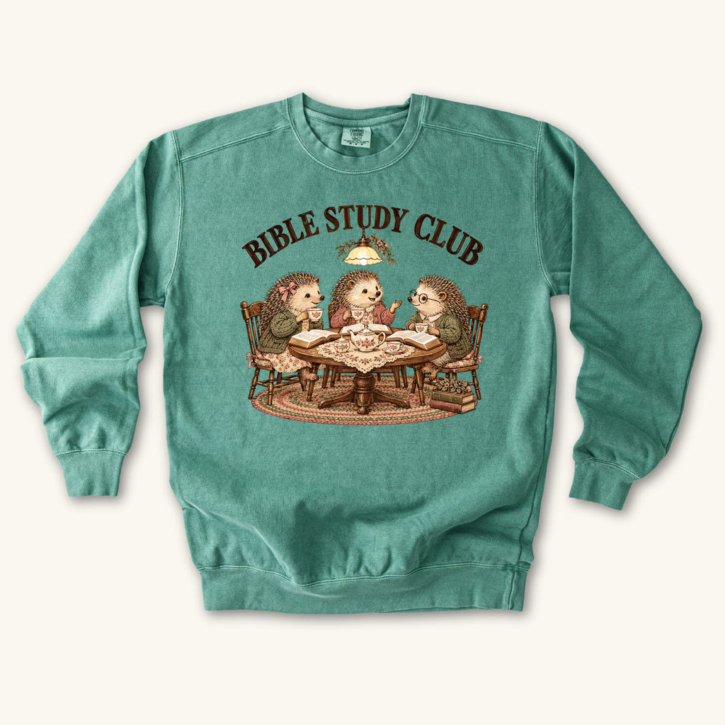 Light Green Bible Study Club sweatshirt flat lay mockup, Christian apparel for women