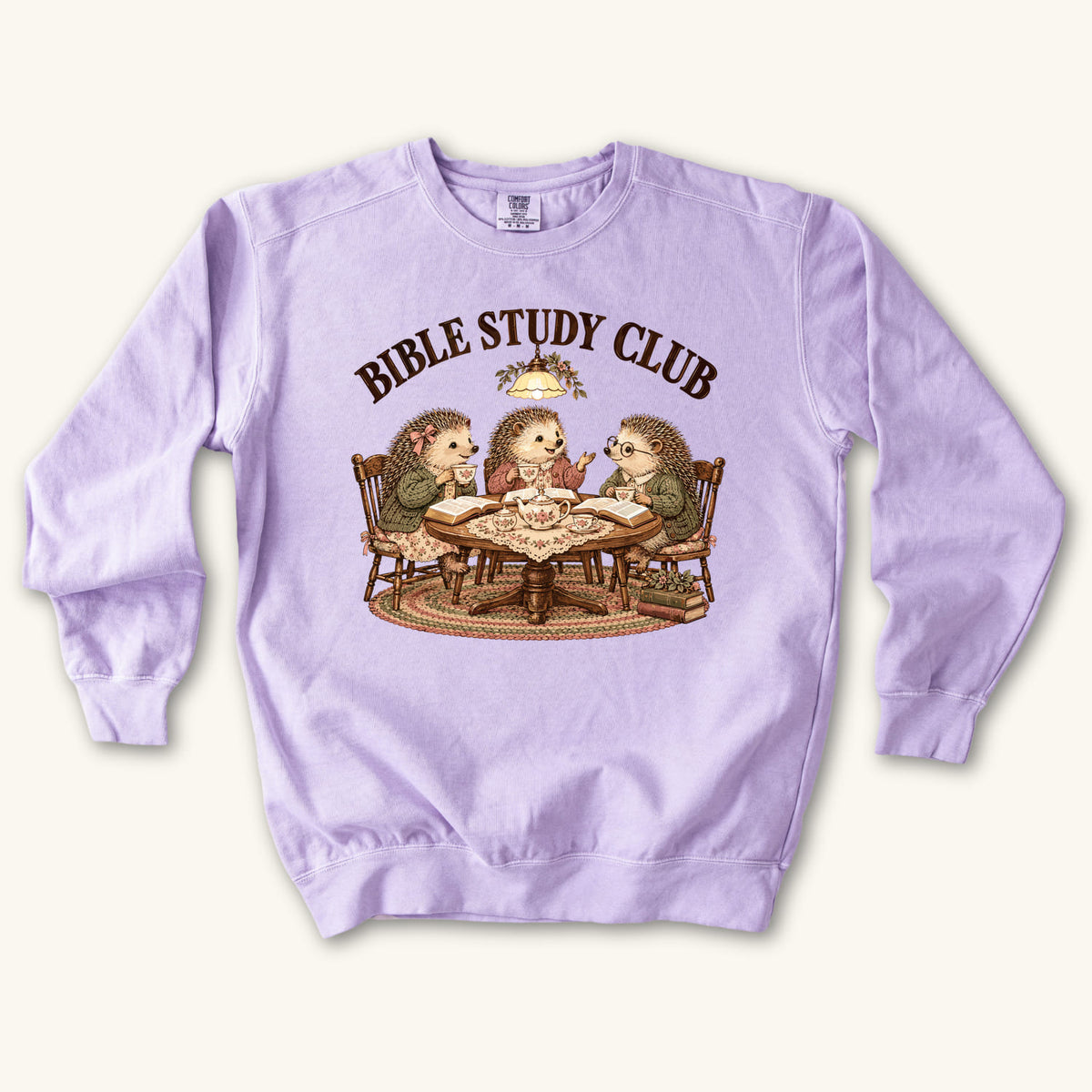 Orchid Bible Study Club sweatshirt flat lay mockup, Christian apparel for women