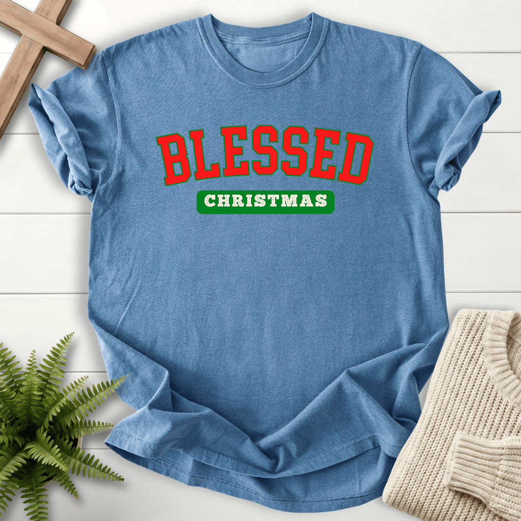 Blue Jean Christian t-shirt for women with a bold collegiate 'Blessed Christmas' design.