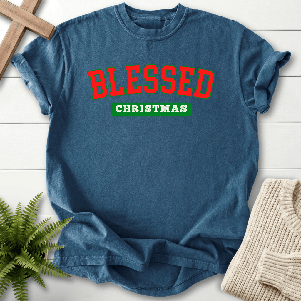 Midnight Christian t-shirt for women with a vintage varsity graphic in red and green and 'Blessed Christmas'.