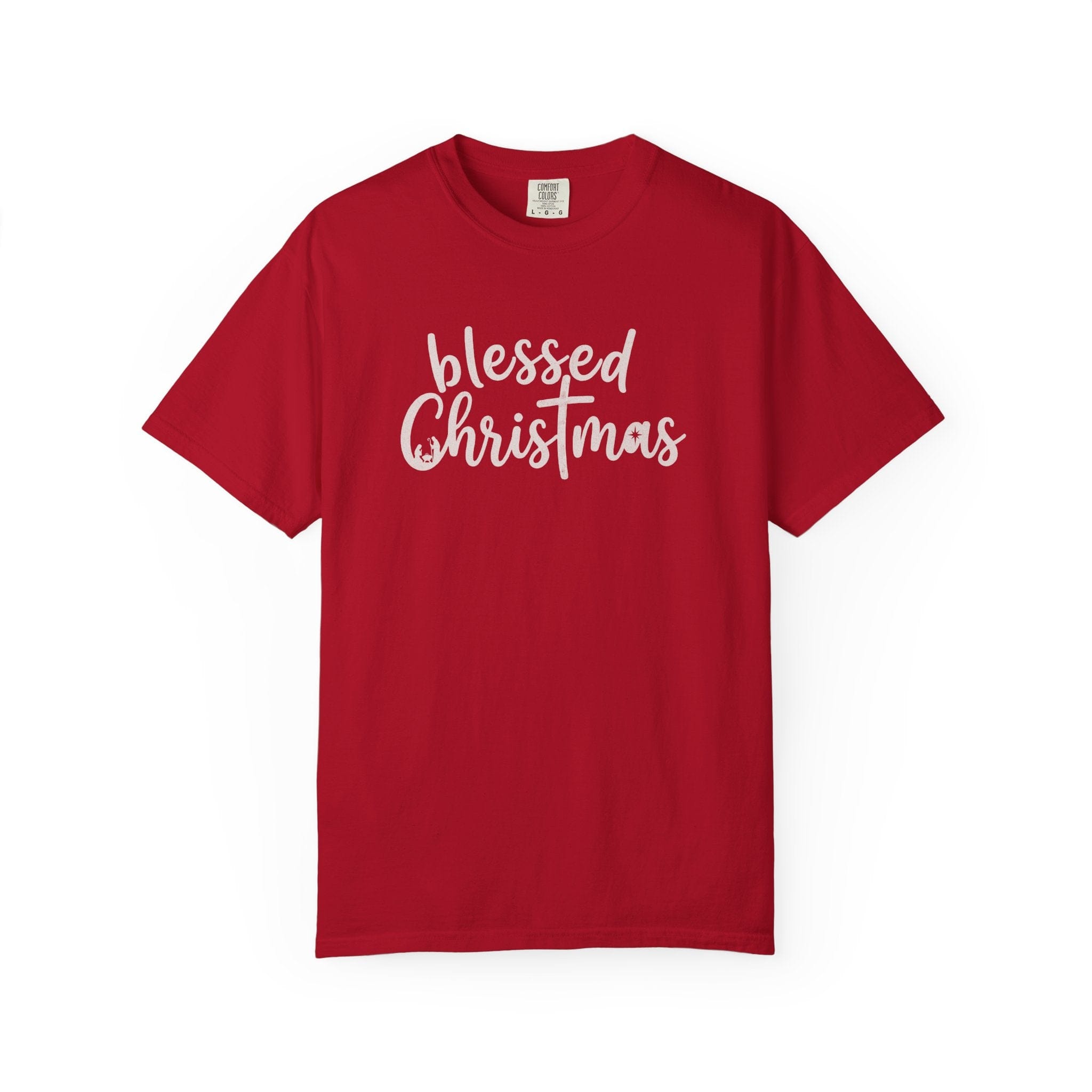 Red t-shirt with 'blessed Christmas' text on a white background