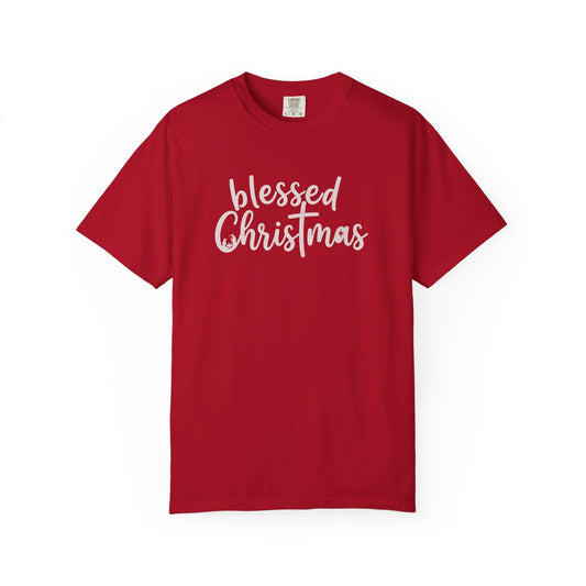 Red t-shirt with 'blessed Christmas' text on a white background