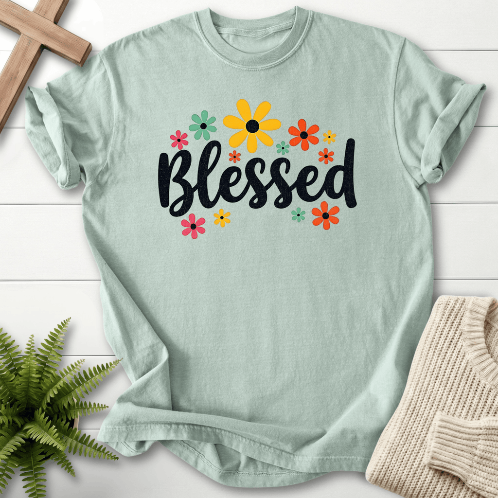 Bay Christian t-shirt for women with a retro sunflower and daisy floral design in bright vintage colors.