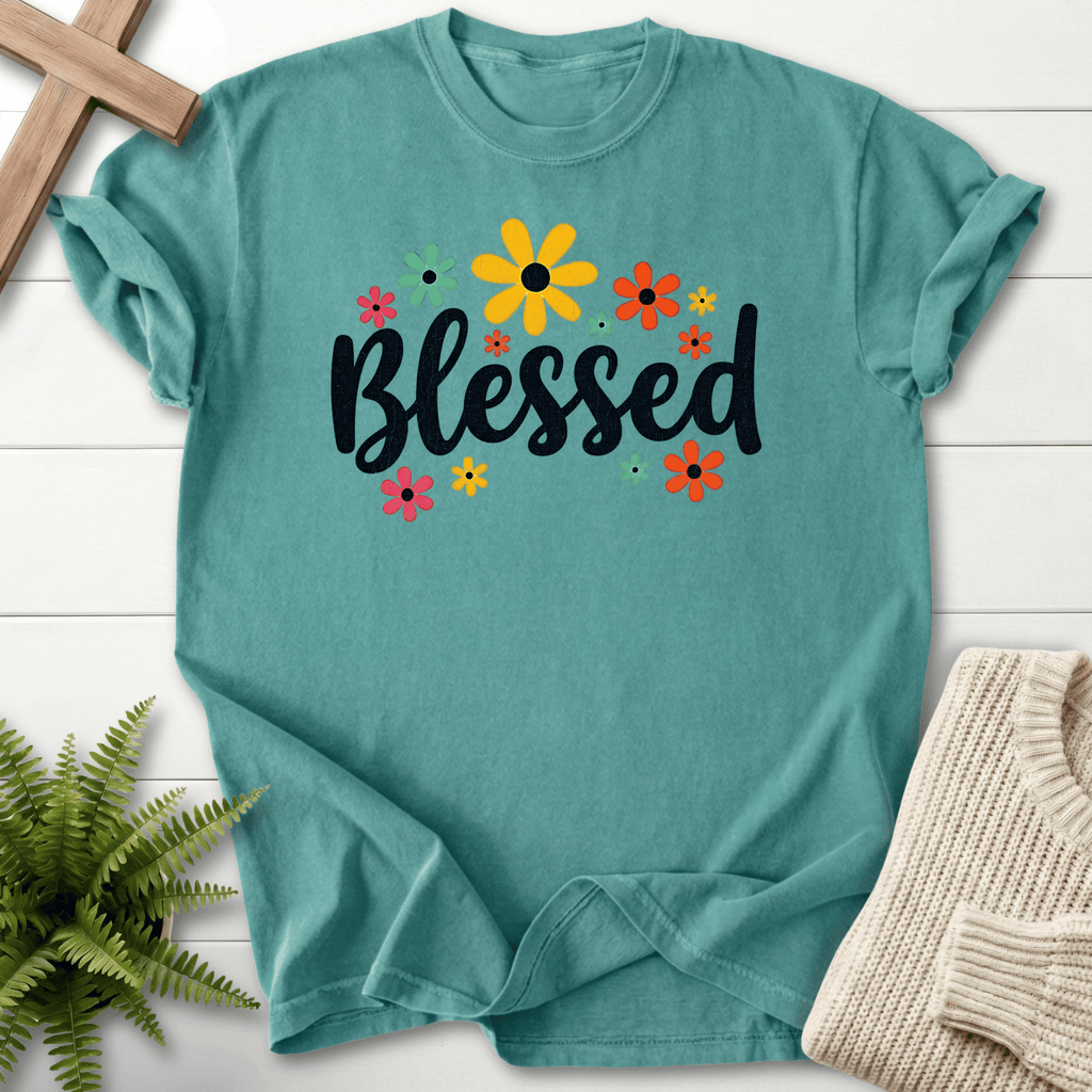Chalky Mint Christian t-shirt for women with bold 'Blessed' script and a bright retro floral design.