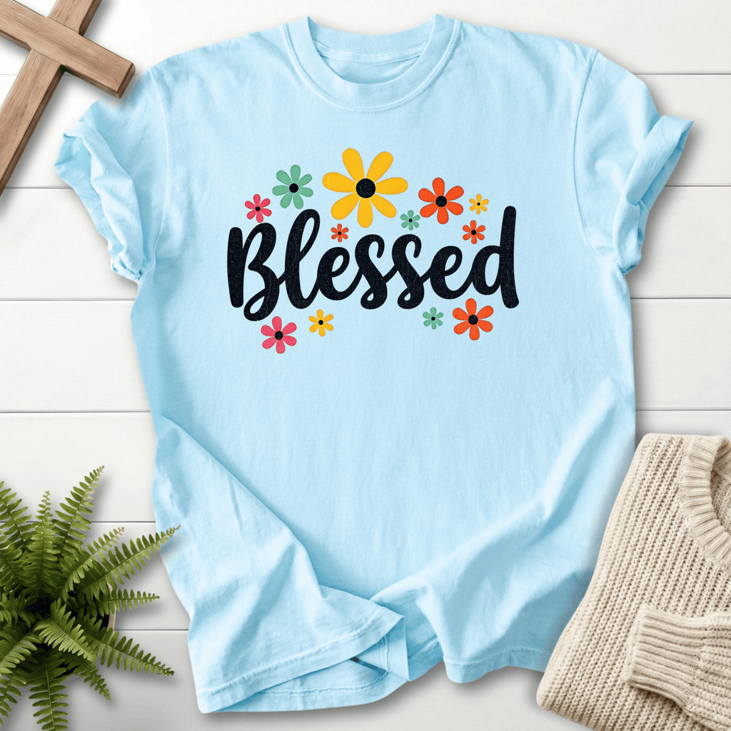 Chambray Christian t-shirt for women with a bright retro daisy and sunflower design.