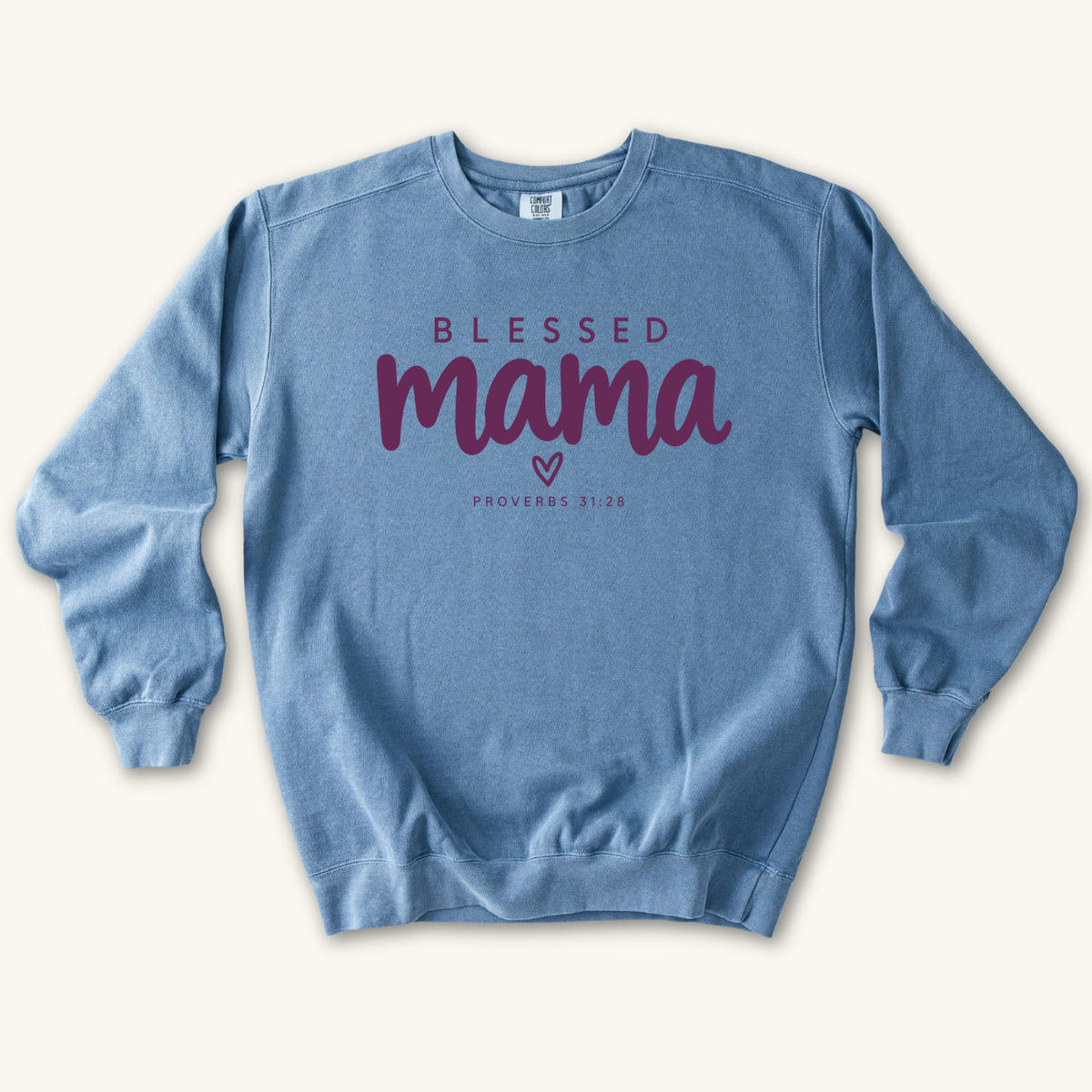 Blue Jean Blessed Mama Minimalist Heart sweatshirt flat lay mockup, Proverbs 31:28 Christian apparel for women