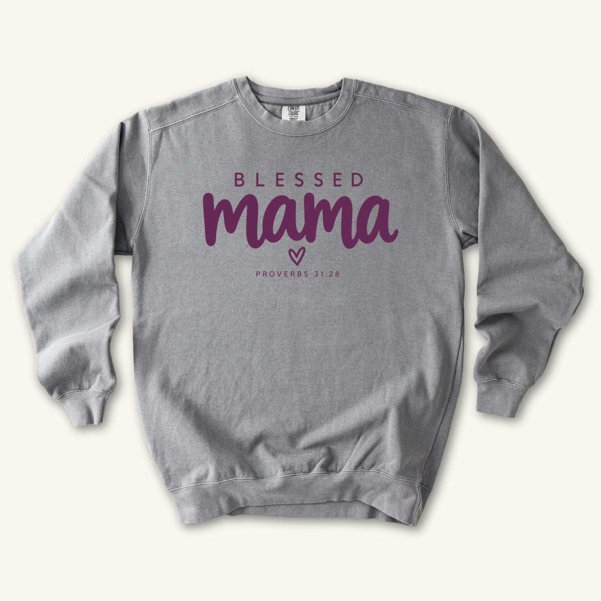 Grey Blessed Mama Minimalist Heart sweatshirt flat lay mockup, Proverbs 31:28 Christian apparel for women