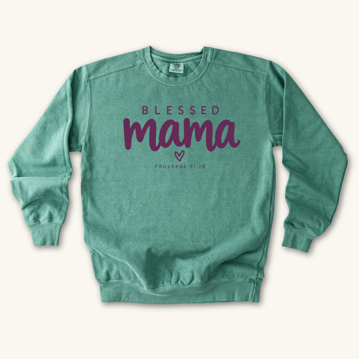 Light Green Blessed Mama Minimalist Heart sweatshirt flat lay mockup, Proverbs 31:28 Christian apparel for women