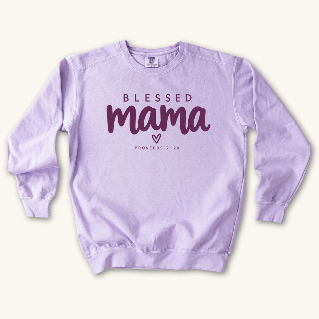 Orchid Blessed Mama Minimalist Heart sweatshirt flat lay mockup, Proverbs 31:28 Christian apparel for women