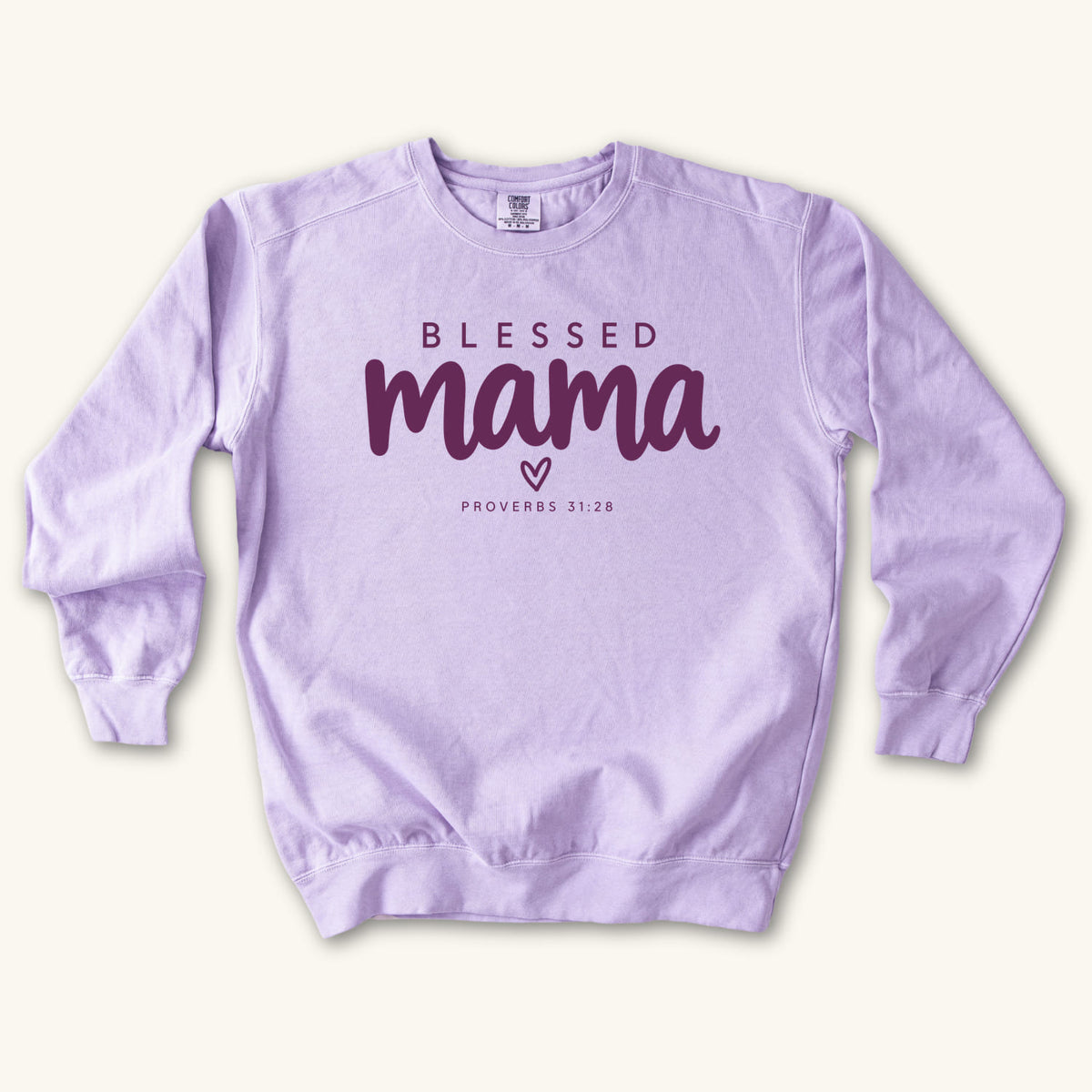 Orchid Blessed Mama Minimalist Heart sweatshirt flat lay mockup, Proverbs 31:28 Christian apparel for women