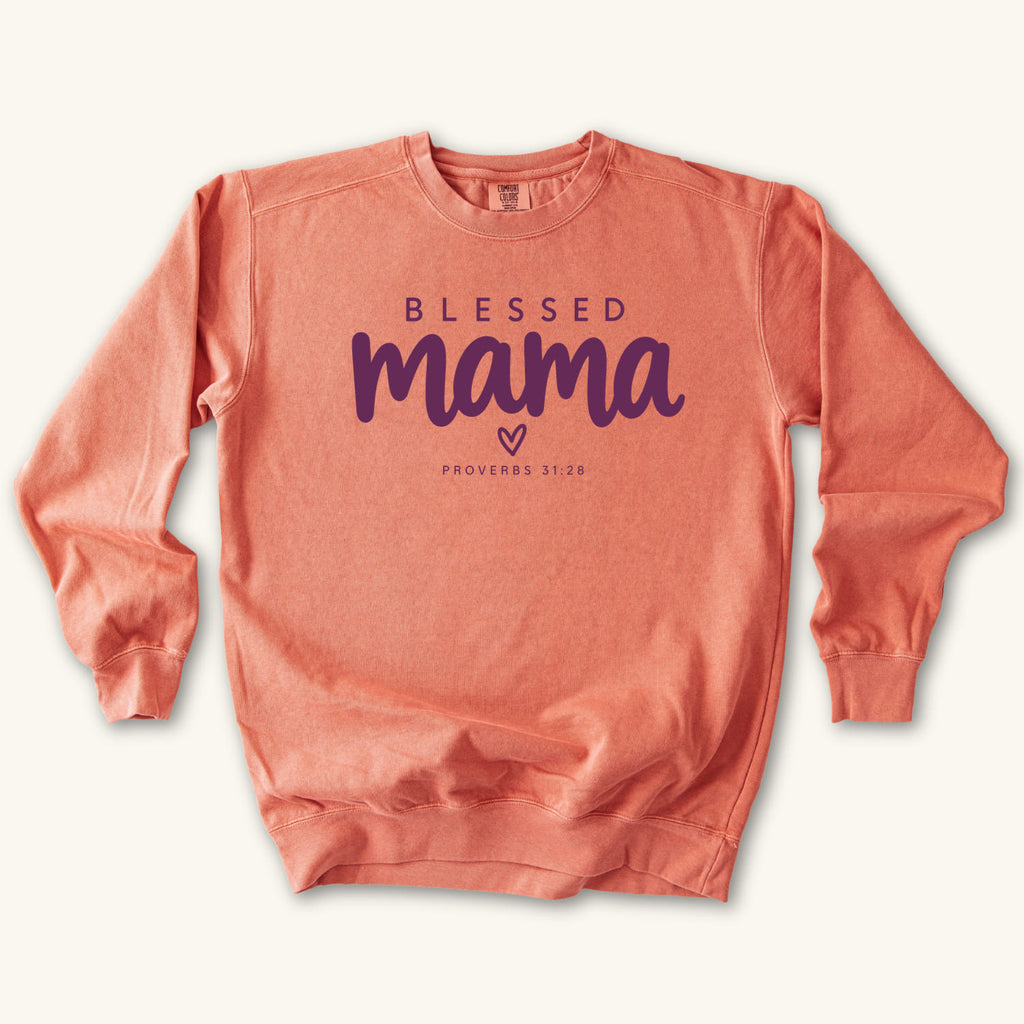Terracotta Blessed Mama Minimalist Heart sweatshirt flat lay mockup, Proverbs 31:28 Christian apparel for women