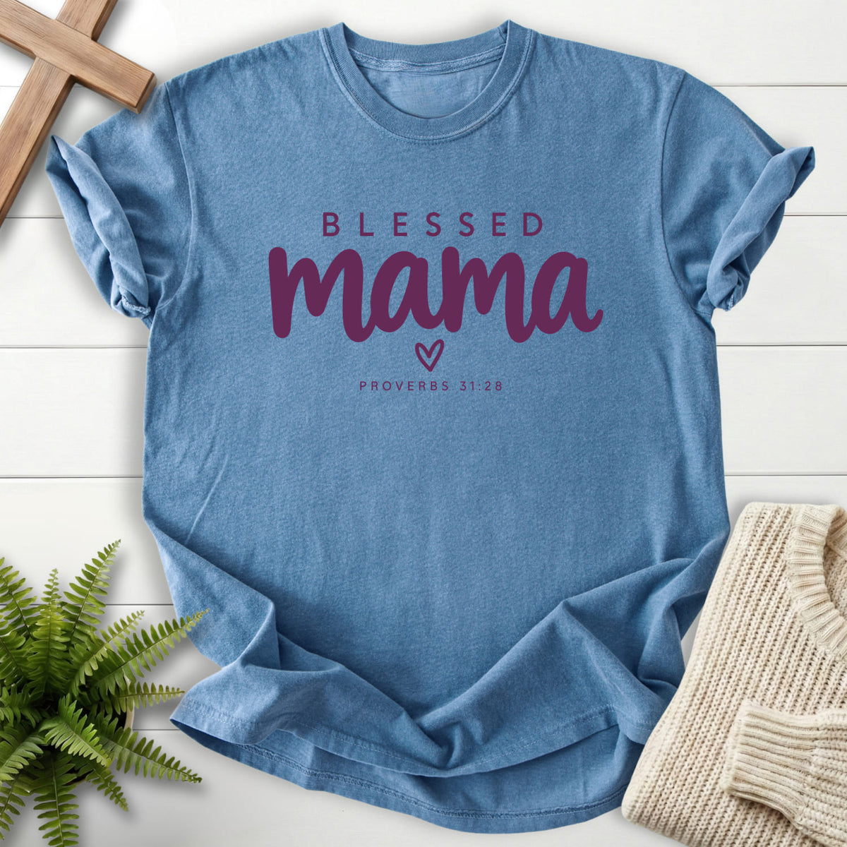 Blue Jean Blessed Mama Minimalist Heart T-shirt flat lay mockup, Proverbs 31:28 Christian apparel for women