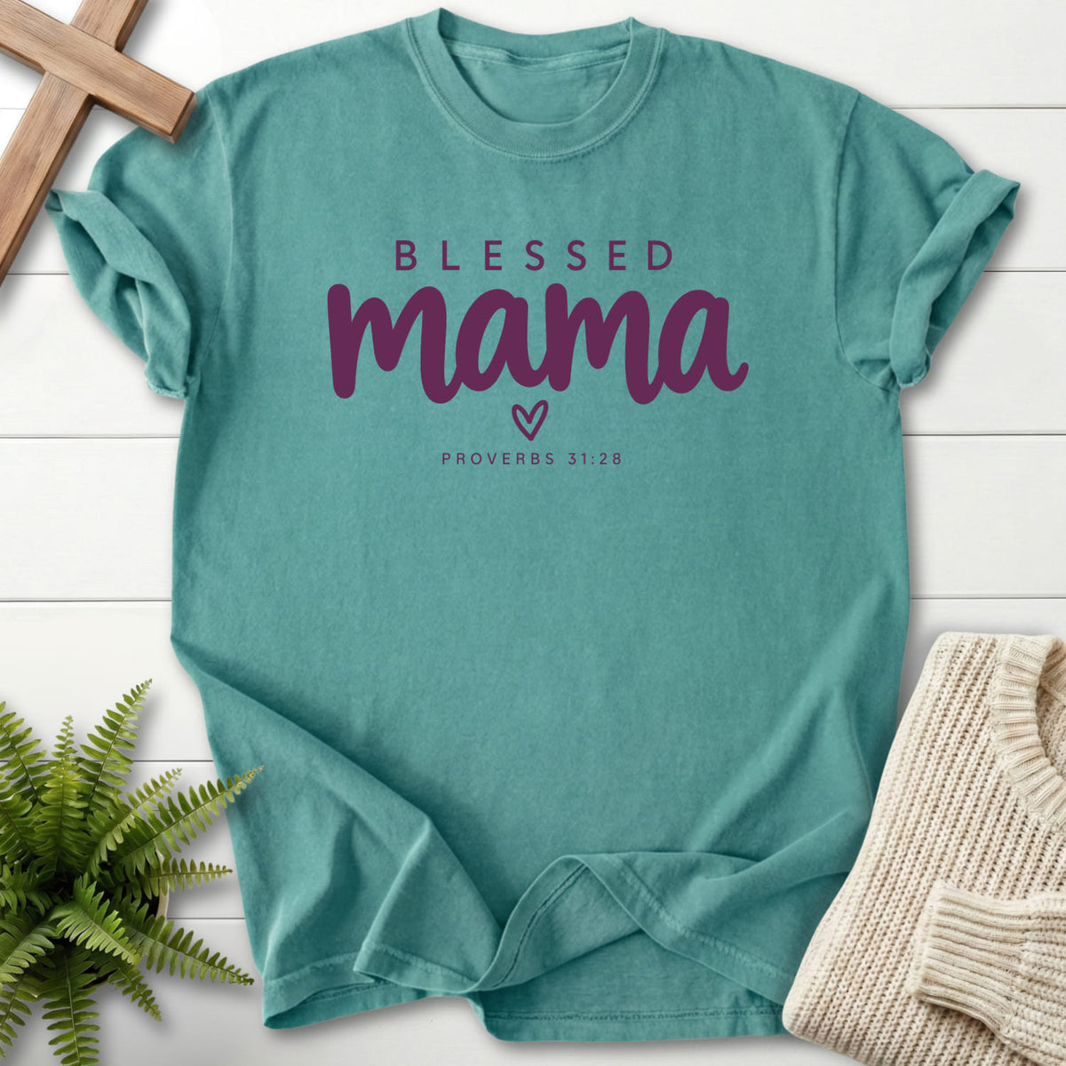 Chalky Mint Blessed Mama Minimalist Heart T-shirt flat lay mockup, Proverbs 31:28 Christian apparel for women