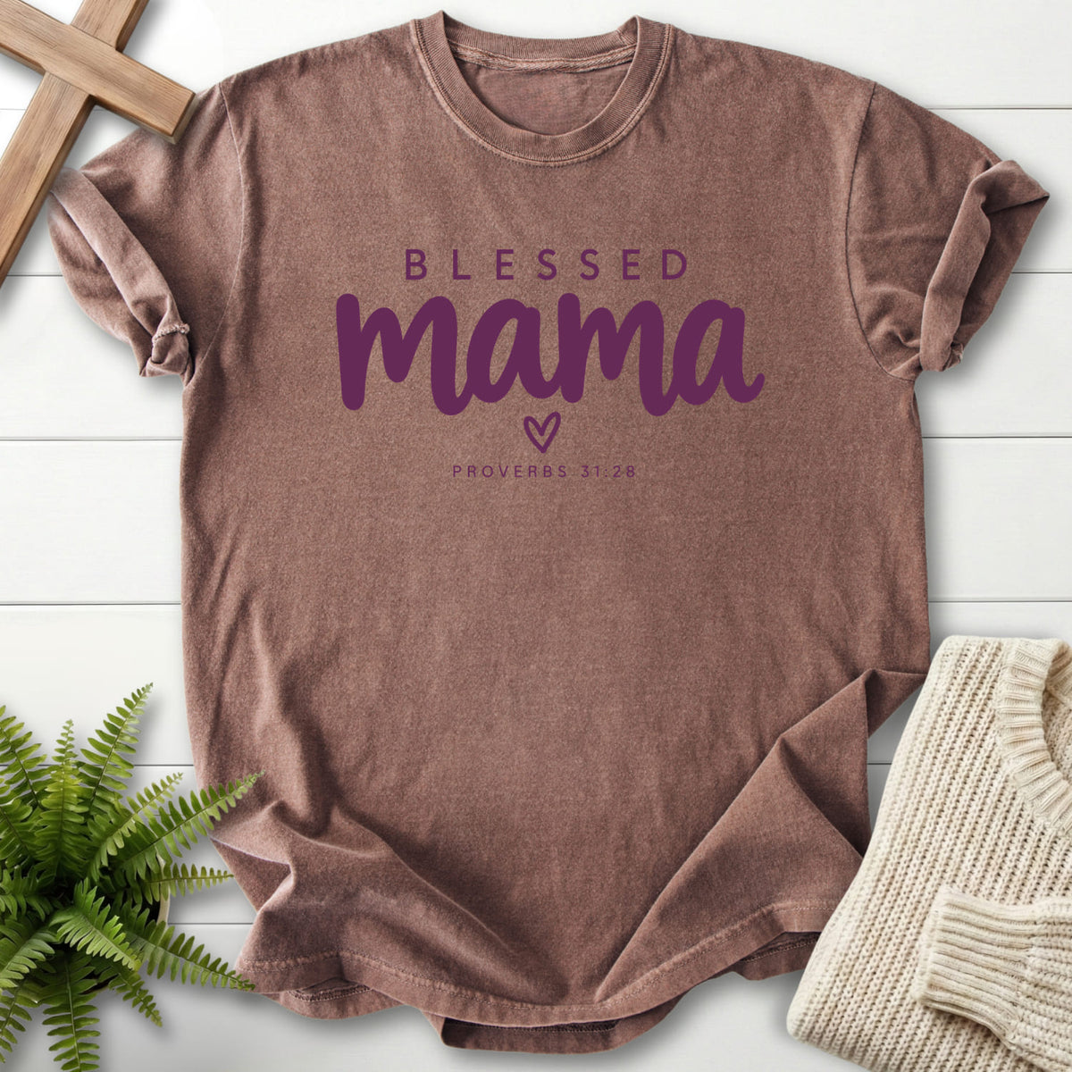 Espresso Blessed Mama Minimalist Heart T-shirt flat lay mockup, Proverbs 31:28 Christian apparel for women