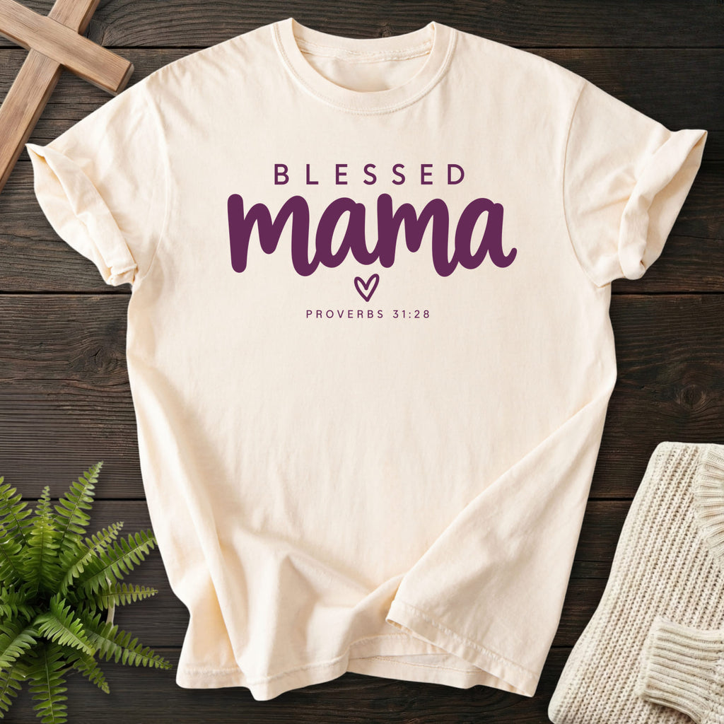 Ivory Blessed Mama Minimalist Heart T-shirt flat lay mockup, Proverbs 31:28 Christian apparel for women