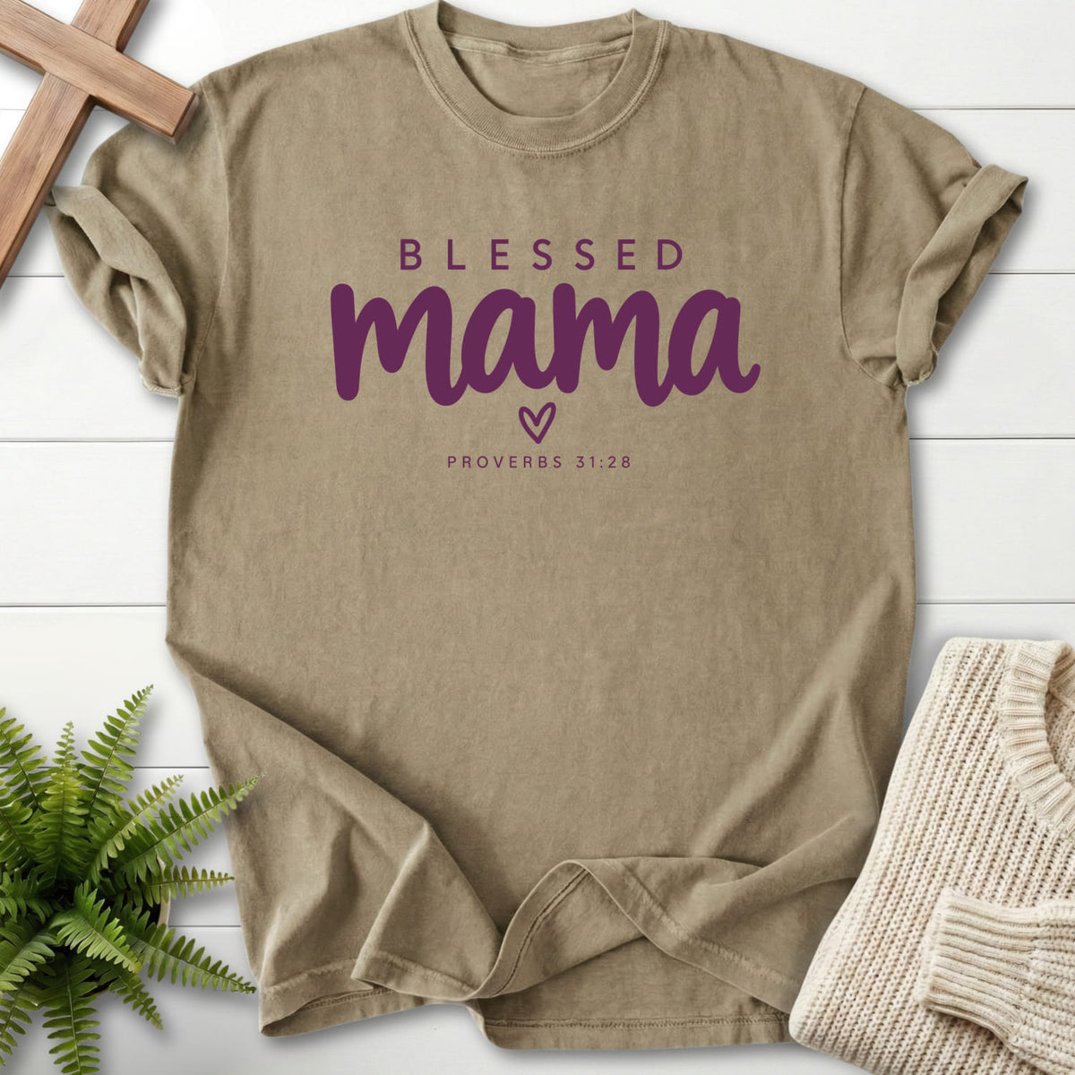 Khaki Blessed Mama Minimalist Heart T-shirt flat lay mockup, Proverbs 31:28 Christian apparel for women