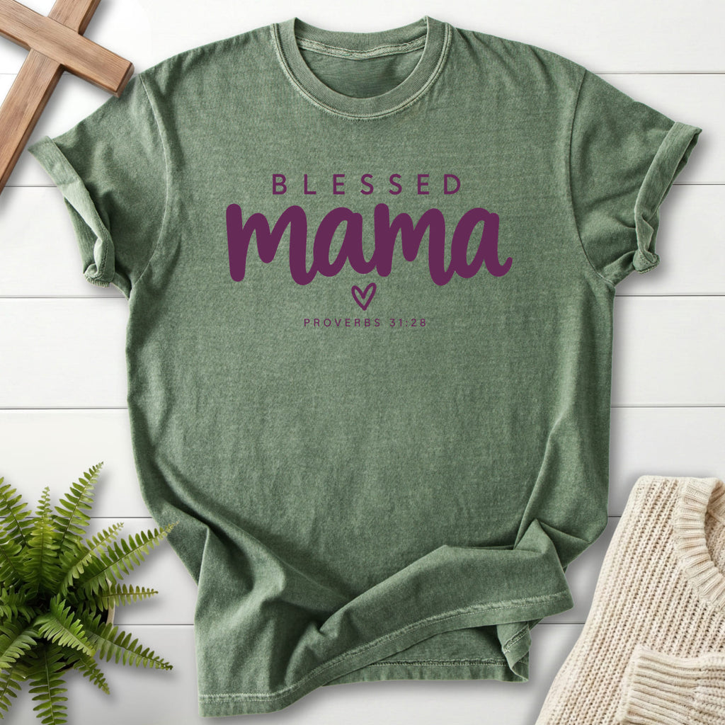 Moss Blessed Mama Minimalist Heart T-shirt flat lay mockup, Proverbs 31:28 Christian apparel for women
